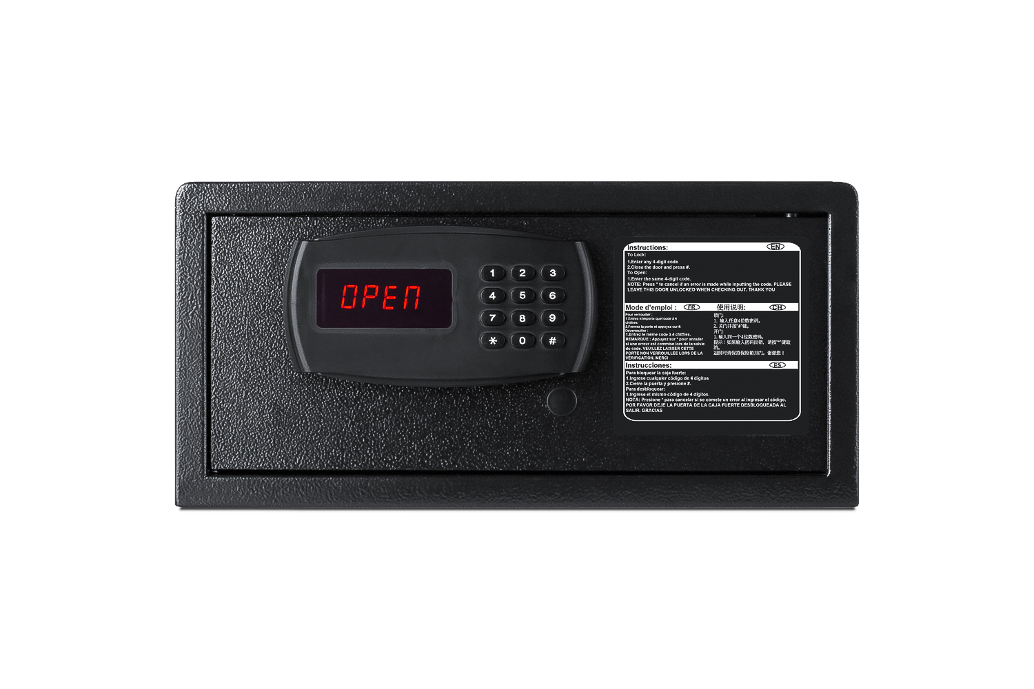 In-room hotel safe in black with digital keypad lock